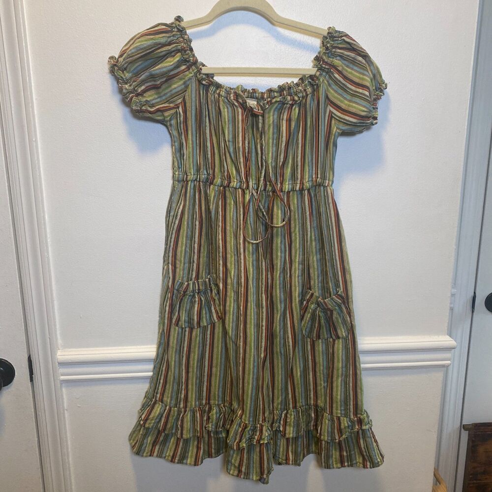 Boho Stripe Cotton Midi Dress Siya Off Shoulder Puff Sleeve Cottagecore